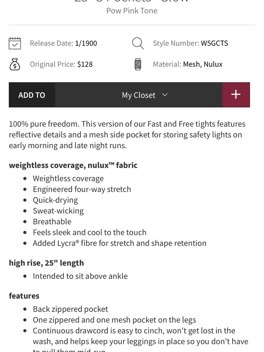 Lululemon Fast and Free High Rise Tight 25 4 Pow Pink Nulux Running Leggings